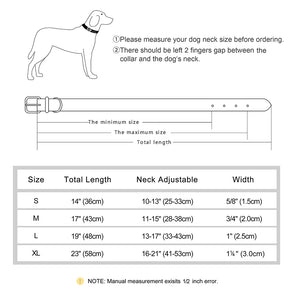 Dog collar dimensions chart